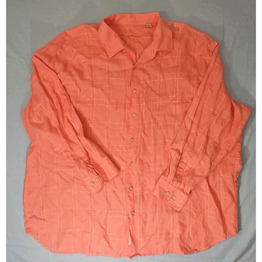 Tommy Bahama 3XB Men's Orange 100% Linen Windowpane Long Sleeve Button Shirt